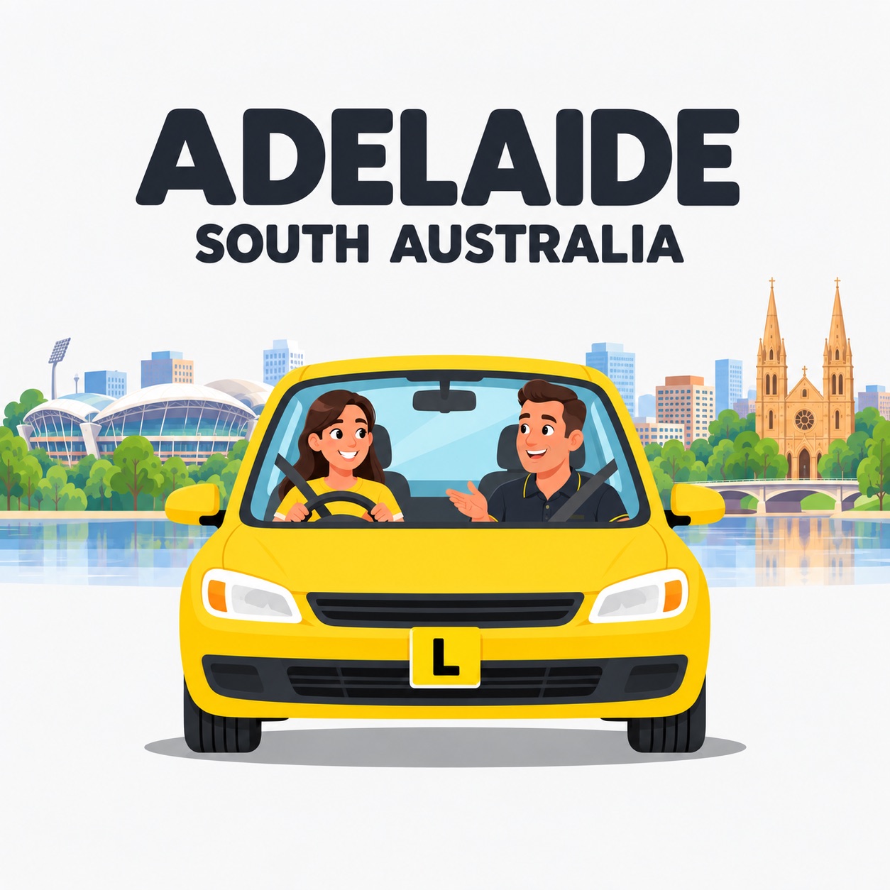 Illustration of a driving instructor and learner in a yellow car with Adelaide landmarks behind them.