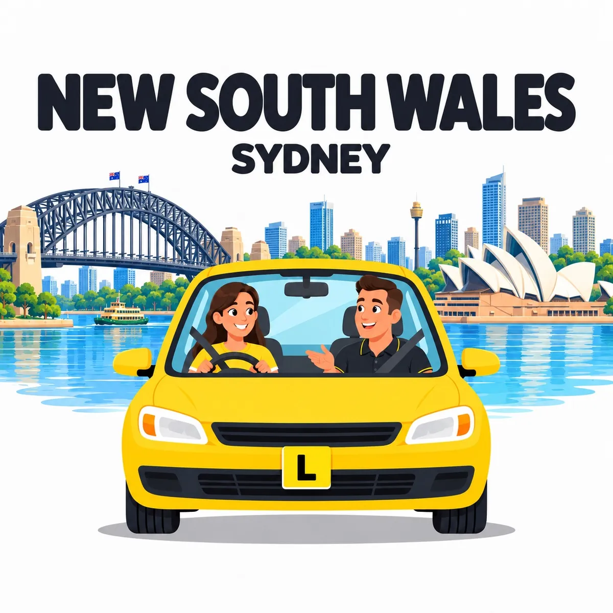Illustration of a driving instructor and learner in a yellow car, with Sydney Harbour Bridge and the Opera House behind them