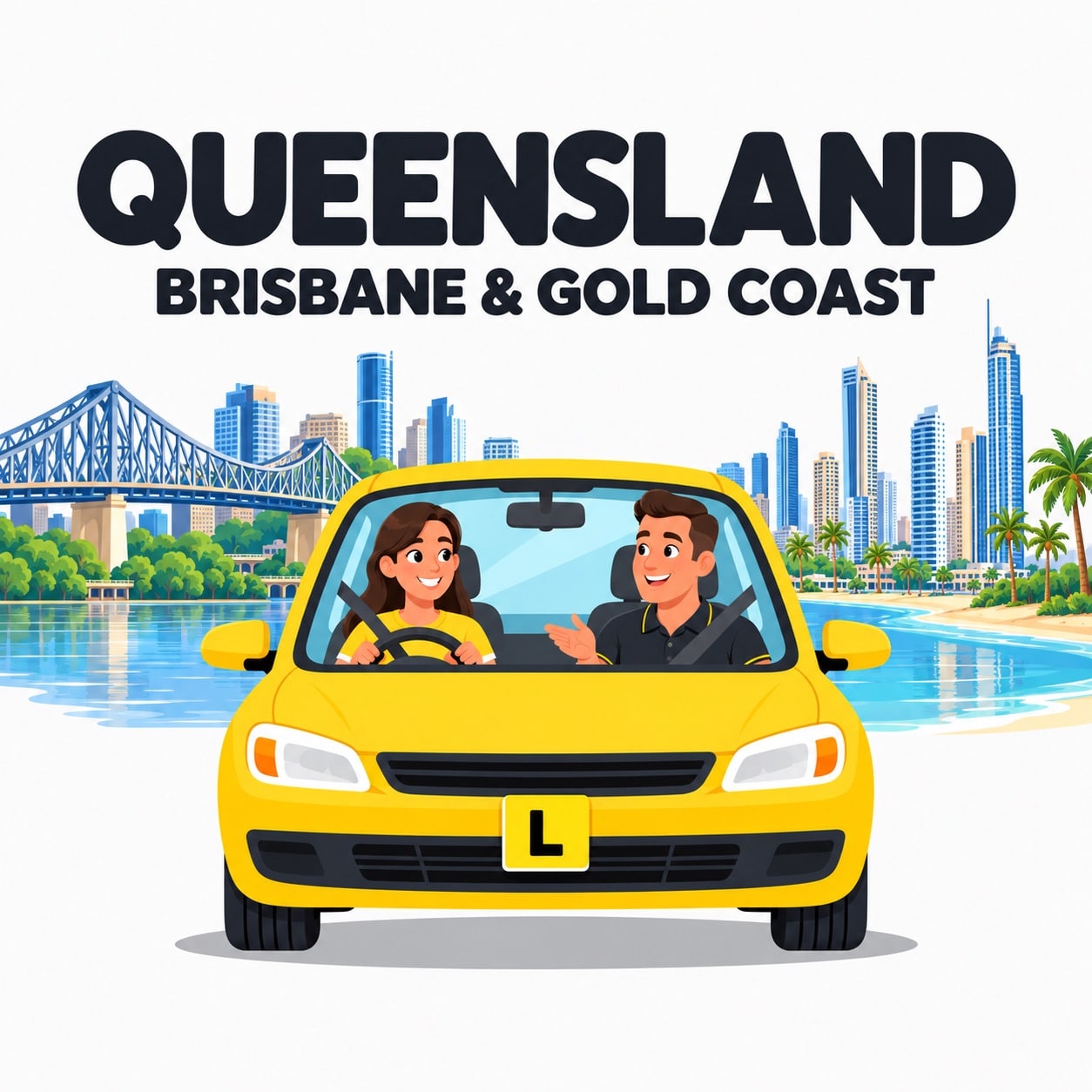 Illustration of a driving instructor and learner in a yellow car, with Brisbane’s Story Bridge and the Gold Coast skyline behind them.