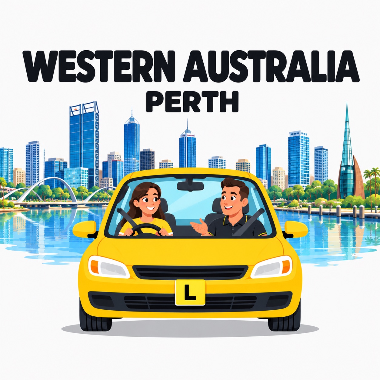 Illustration of a driving instructor and learner in a yellow car, with Perth’s skyline, Swan River and Bell Tower behind them.