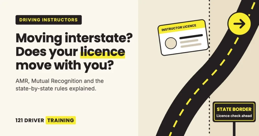 Illustration of a road crossing a state border with a driving instructor licence card – 121 Driver Training