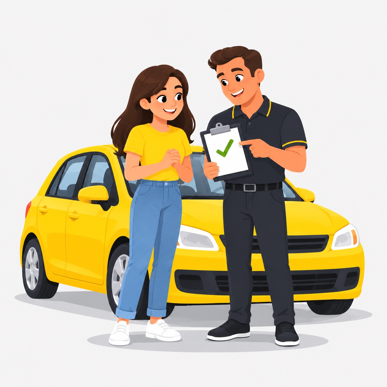 Illustration of a trainer guiding a trainee through a checklist beside a yellow car.