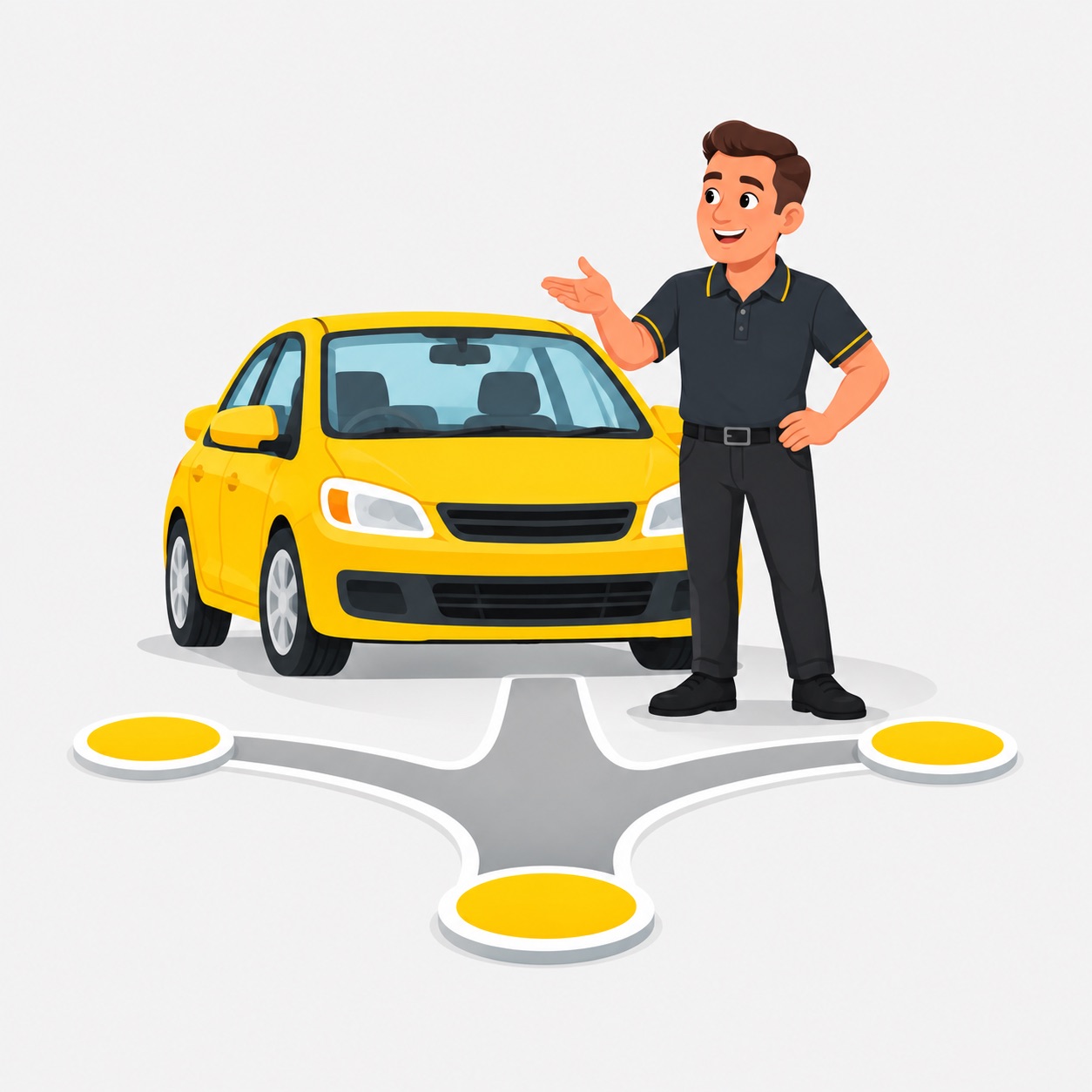 Illustration of an instructor beside a yellow car and three branching paths.